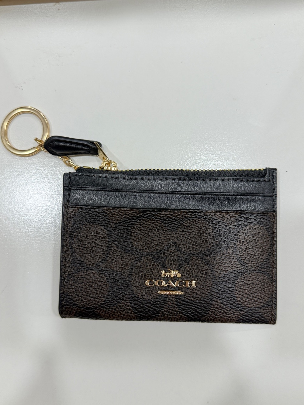 Coach Dark Brown Signature Card Case with Gold Key Ring
